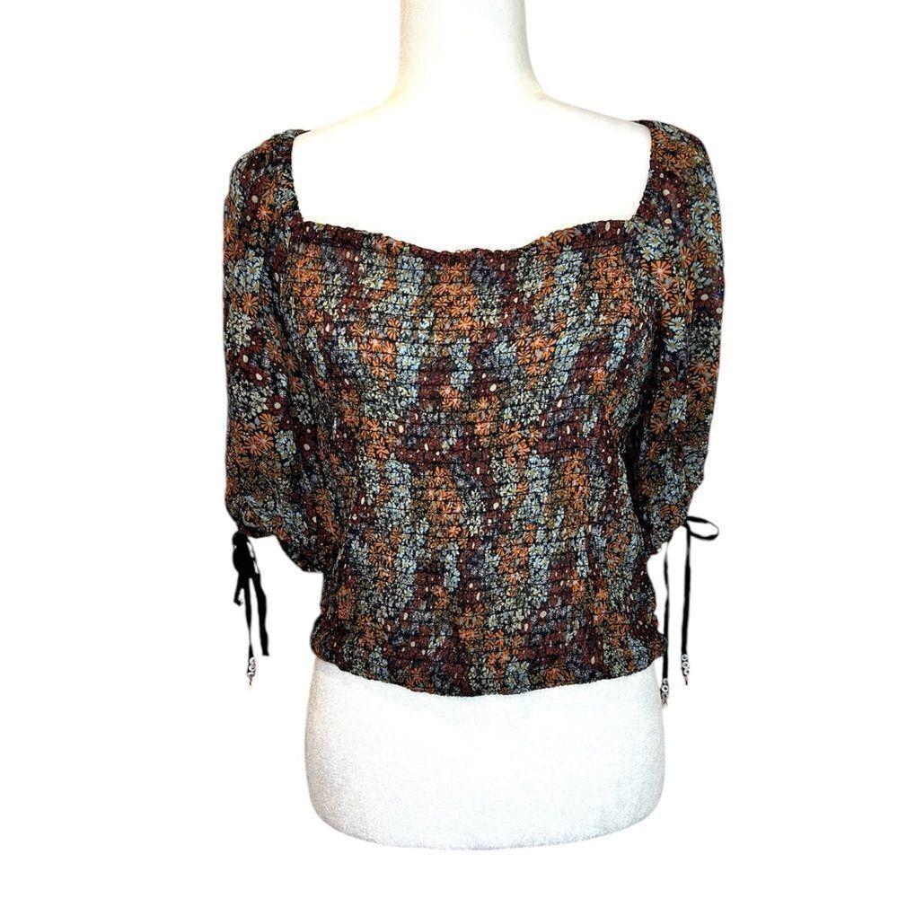 FREE PEOPLE Back On Crop Top Floral Print Smocked Size Large